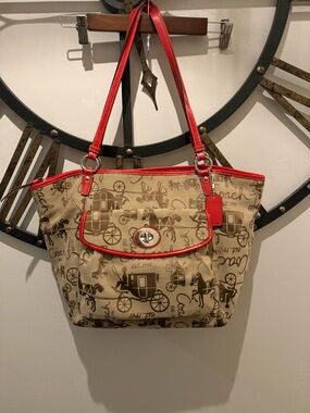 Coach Tan Signature Canvas Tote with Red Trim and Straps